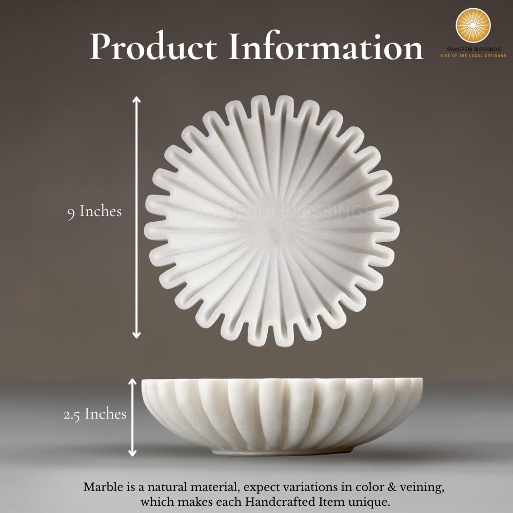 SWADESHI BLESSINGS HandCrafted Marble Ruffle Bowl/Antique Scallop Bowl/Fruit Bowl/Vintage Ring Dish/Decorative Flower Dish/HouseWarming Gift/Wedding Gifts/Urli (9 Inches)