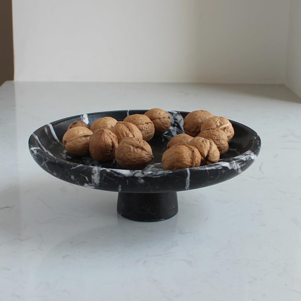 Natural Black Marble Fruit Bowl for Kitchen Counter 10.2"  Large Decorative Bowl Pedestal for Home Decor  Fruits Holder For Dining Table - Kitchen Organization
