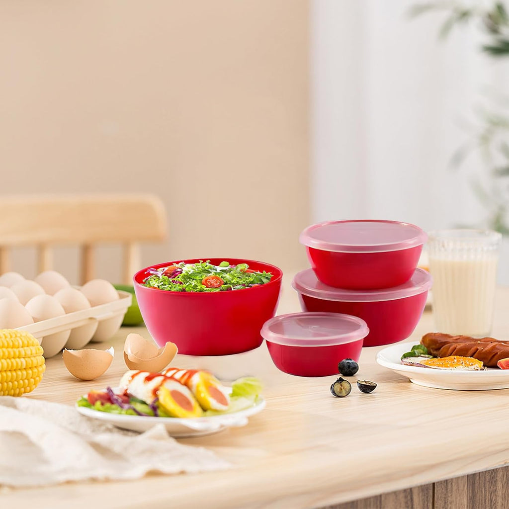 4-Piece Classic Plastic Prep Bowls with Lids  Nesting Plastic Small Mixing Bowl Set for Mixing  Baking  Prepping  Cooking and Serving Food  Microwave and Dishwasher Safe (Red)