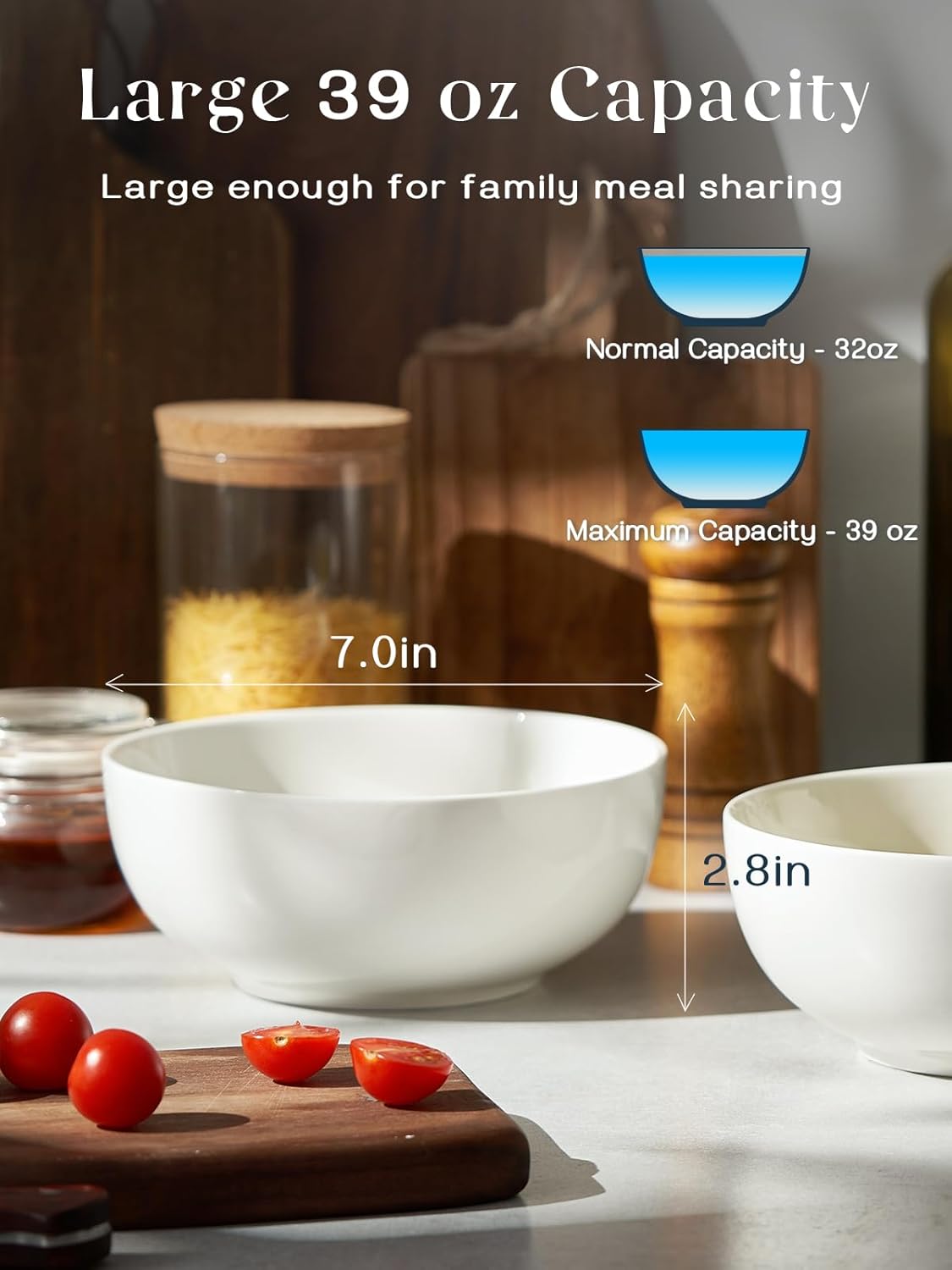 DOWAN 39 OZ Soup Bowls Set of 4 - Large Cereal Bowls  White Ceramic Big and Deep Ramen Bowls for Noodle  Pasta  Salad  Mixed Fruit - Dishwasher & Microwave Safe