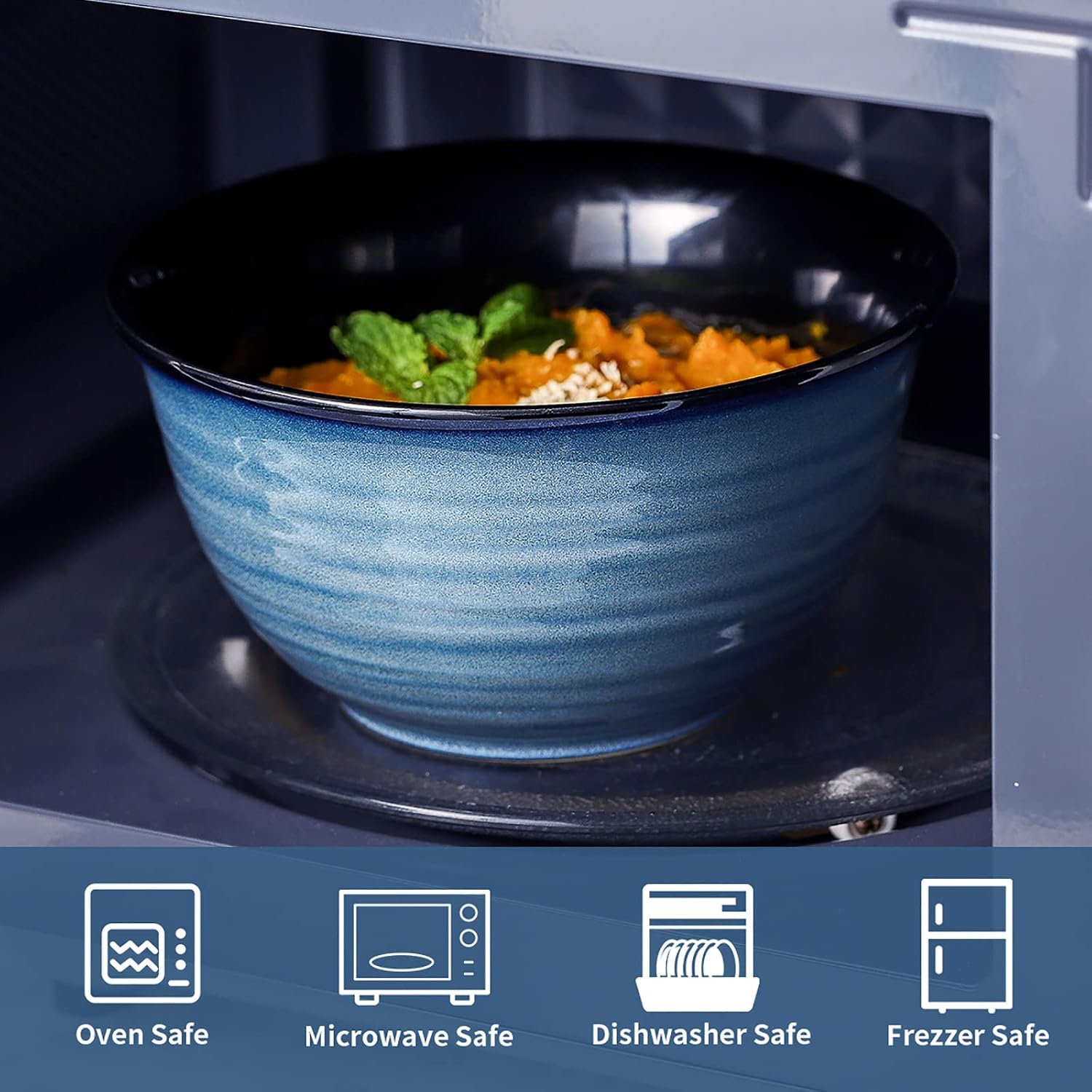 Hasense Ceramic Soup Bowls Set of 4  40 Ounce Large Cereal Bowls for Kitchen  7 Inch Serving Bowls for Salad Pasta Ramen Pho Popcorn  Dishwasher Microwave Safe  Navy Blue
