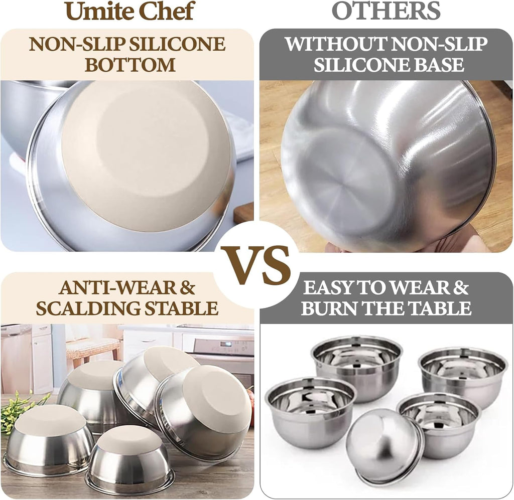 Umite Chef Mixing Bowls with Airtight Lids Set  8PCS Stainless Steel Khaki Nesting Bowls with Grater Attachments  Kitchen Bowls with Non-Slip Bottoms  Size 5  4  3.5  2  1.5QT for Mixing & Serving