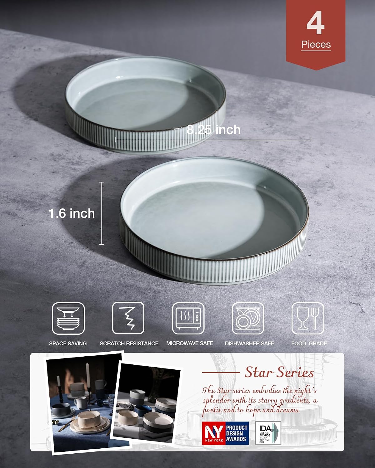 famiware Star 8.25" Pasta Bowls  Large Dinner Bowls Set of 4  Salad Bowl Plates  Shallow Bowls for Eating  Smoky Blue