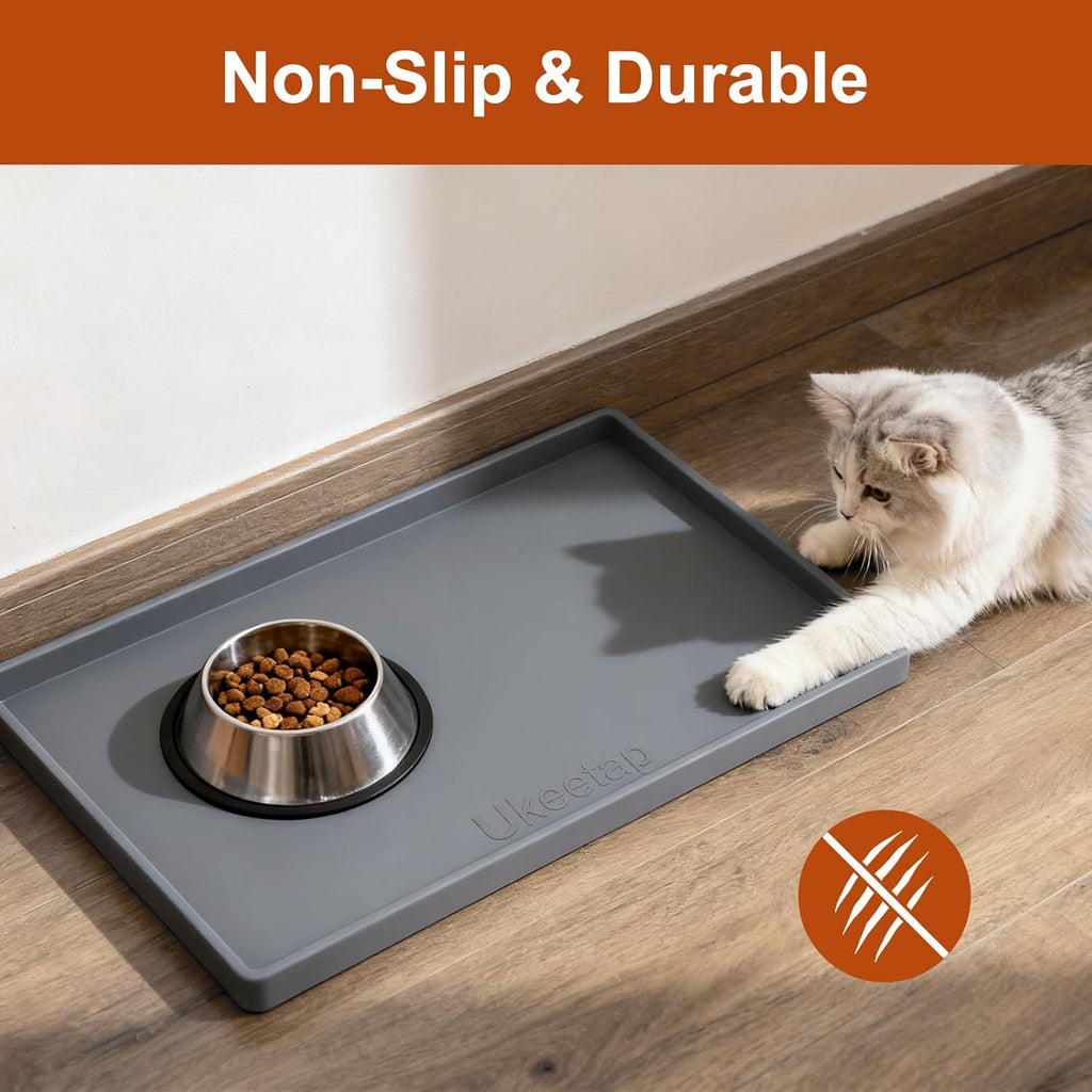 19” x 12” Extra Thick Waterproof Silicone Mat with Raised Edge  BPA Free Non-Slip Dog & Cat Food Mat  Feeding Mat for Food and Water Bowls  Spill Proof Mat to Protect Floors  Gray