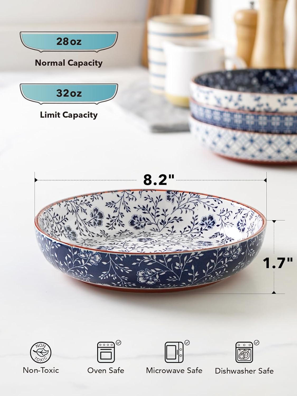 LE TAUCI Pasta Bowl 32 oz  Ceramic Salad Bowl  Japanese-Style Plate Bowls for Serving Pasta  Fruits  Salad  Noodle  Dinner  Soup  Mircrowave Oven Dishwasher Safe - 8.2 Inch  Set of 4  Vintage Blue