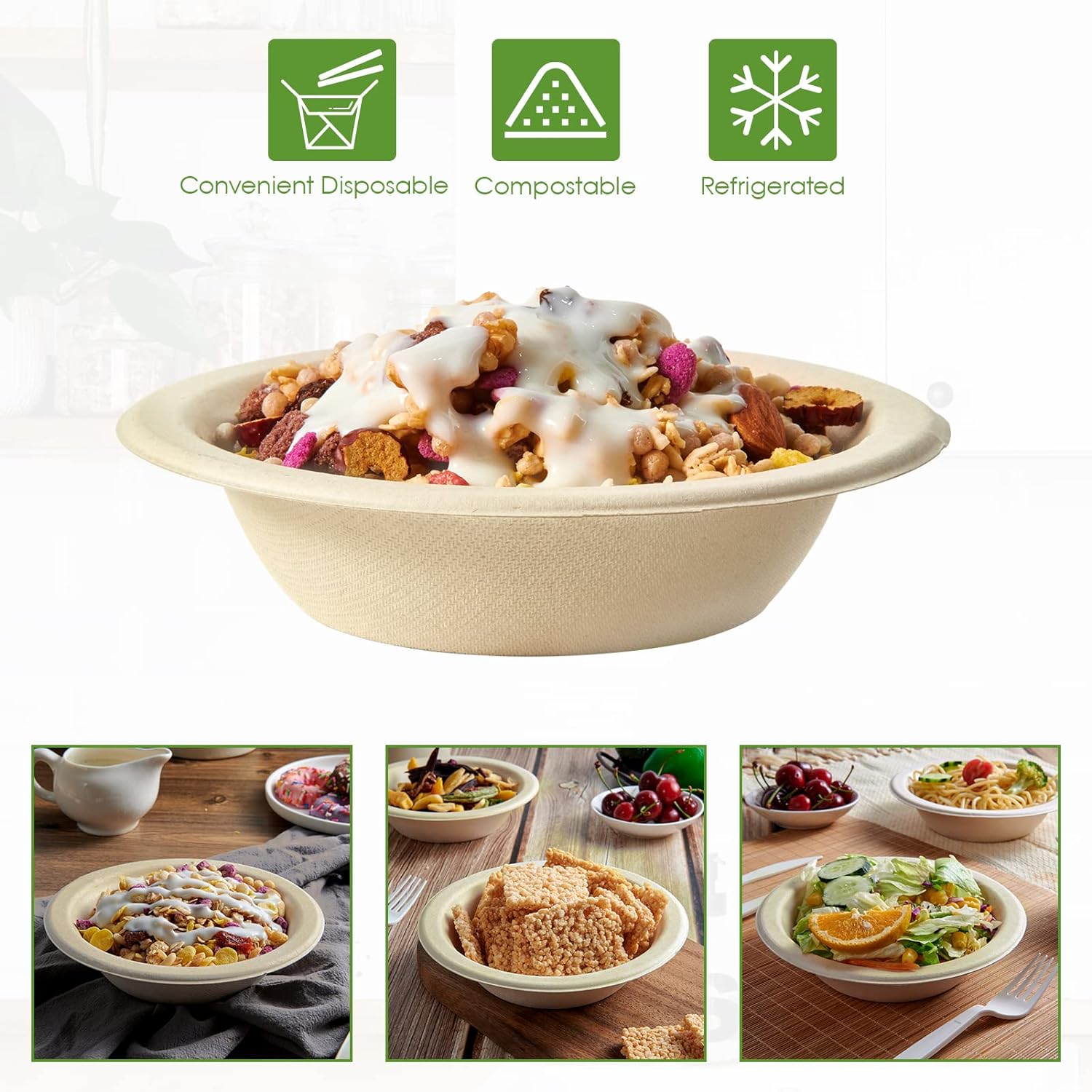 Vplus 500 Pack 12 OZ Paper Bowls Bulk  Disposable Compostable  Eco-friendly Bagasse  Heavy-duty Bowls Perfect for Milk Cereals  Snacks  Salads Nature