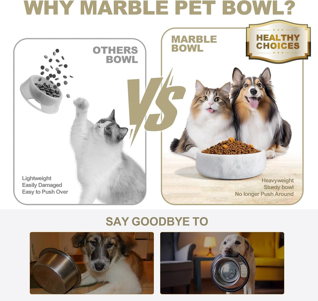 White Marble Dog Bowls  Non-Slip Dog Food Water Bowl Small  Heavy Duty Pet Bowl for Cats and Medium Dogs  Weighted African Natural Marble  Holds 4 Cups(5lbs)