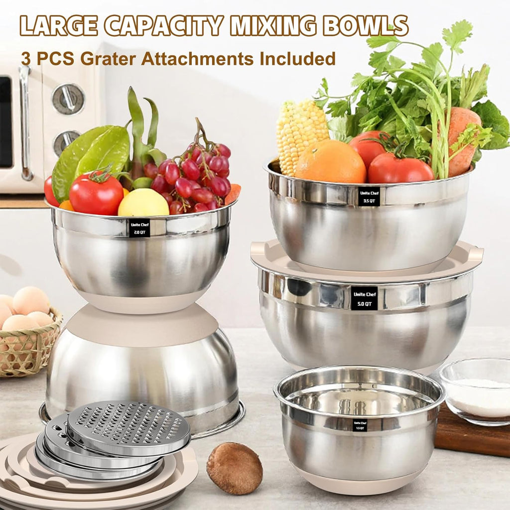 Umite Chef Mixing Bowls with Airtight Lids Set  8PCS Stainless Steel Khaki Nesting Bowls with Grater Attachments  Kitchen Bowls with Non-Slip Bottoms  Size 5  4  3.5  2  1.5QT for Mixing & Serving