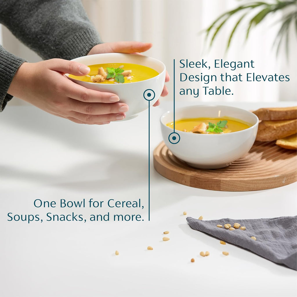 KooK Soup Bowls  Cereal Bowl  Ceramic  Bowls for Kitchen  Microwave  Dishwasher and Freezer Safe  Porcelain Dishes for Pasta  Salad  Oatmeal  Deep Interior  20 oz  Set of 6  (White)
