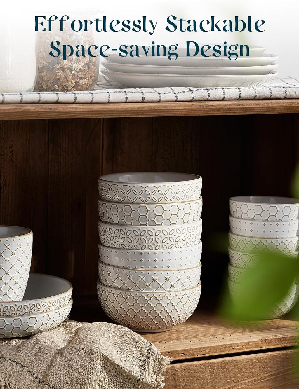 DOWAN Soup Bowls Set of 6  26 OZ Cereal Bowls for Kitchen  6" Ceramic Embossment Bowl for Salad  Pho  Fruits  Rice  Large Bowls Decor & Housewarming Gift  Dishwasher & Microwave Safe