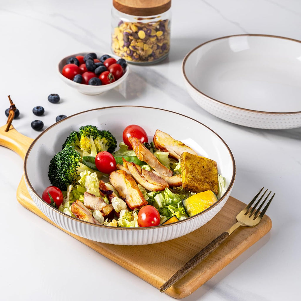 GBHOME 9.5'' Large Pasta Bowls  42 Ounce Stoneware Salad Bowls for Kitchen  Ceramic Serving Bowls With Textured Pattern for Pasta Fruit  Stews Noodle  House-warming Gift Set of 4-Off White