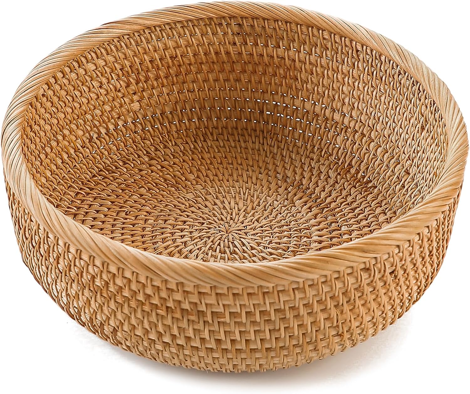HITOMEN Handmade Rattan Bread Baskets Round Wicker Fruit Serving Storage Bowls  Natural Woven Decorative Kitchen Counter Organizing (Honey Brown) L-10.3"