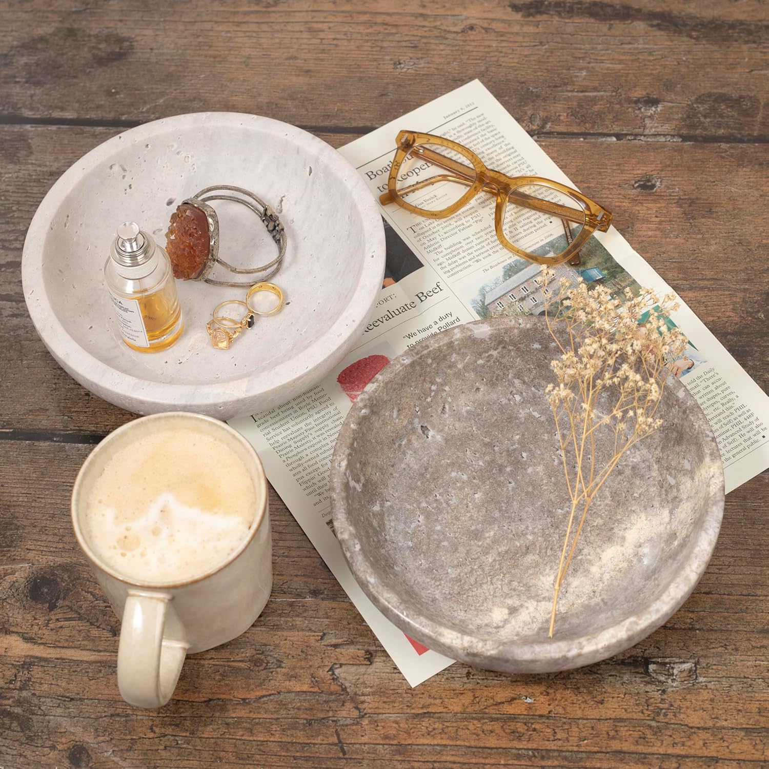 Shelf & Nook Travertine Decorative Bowls for Home Decor. Key Bowl for Entryway Table in a Choice of 3 Colors. (Silver-Gray)