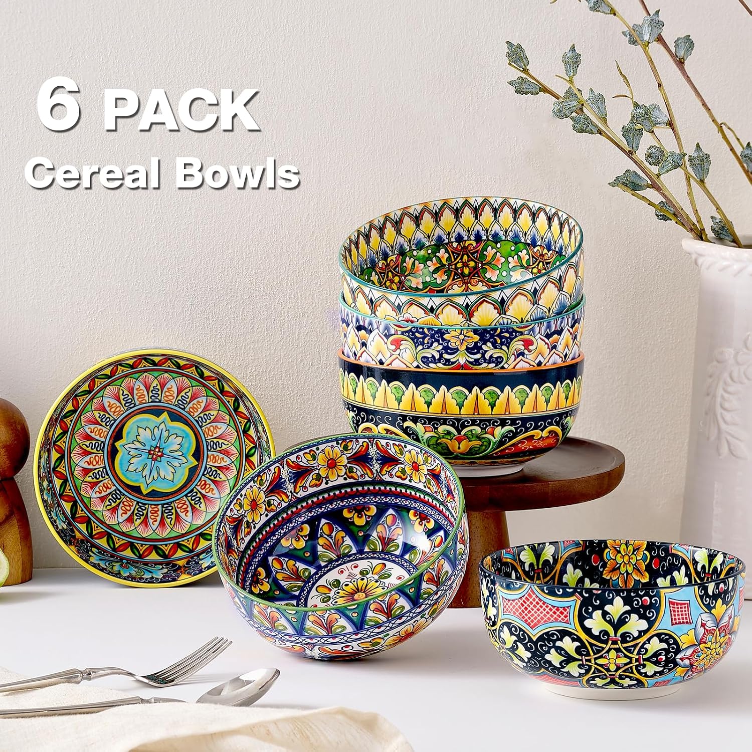 Ceramic Cereal Bowls Set of 6  28 oz Bohemian Soup Bowl  Colorful Bowls Set for Kitchen  Dessert Bowls for Salad  Pasta  Oatmeal  Ramen  Oatmeal  Fruit  Dishwasher & Microwave Safe